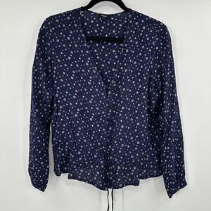 Rails Blouse Womens Small Navy Beaux Foulard Button Front Long Sleeve Tie Waist